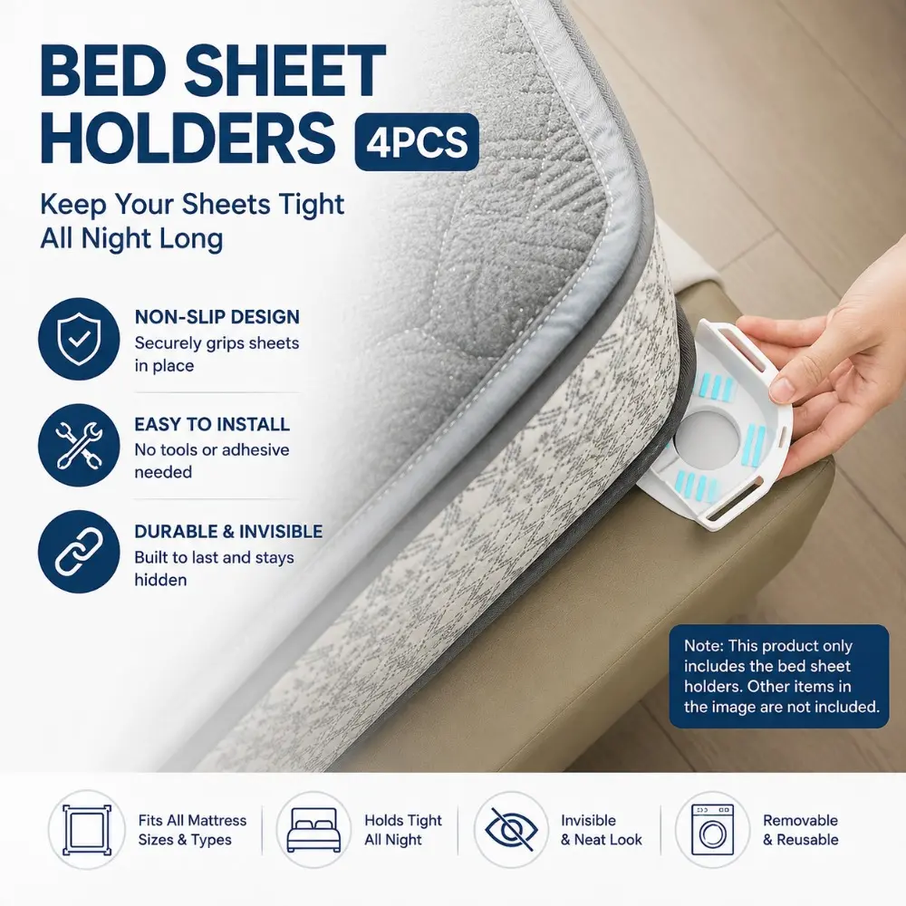 4PCS Bed Sheet Holders, Invisible Sheet Clips, Non-Slip Bed Sheet Fasteners, Bed Sheet Grippers, Easy Installation, Durable Sheet Locking Clips for All Bedding Sizes