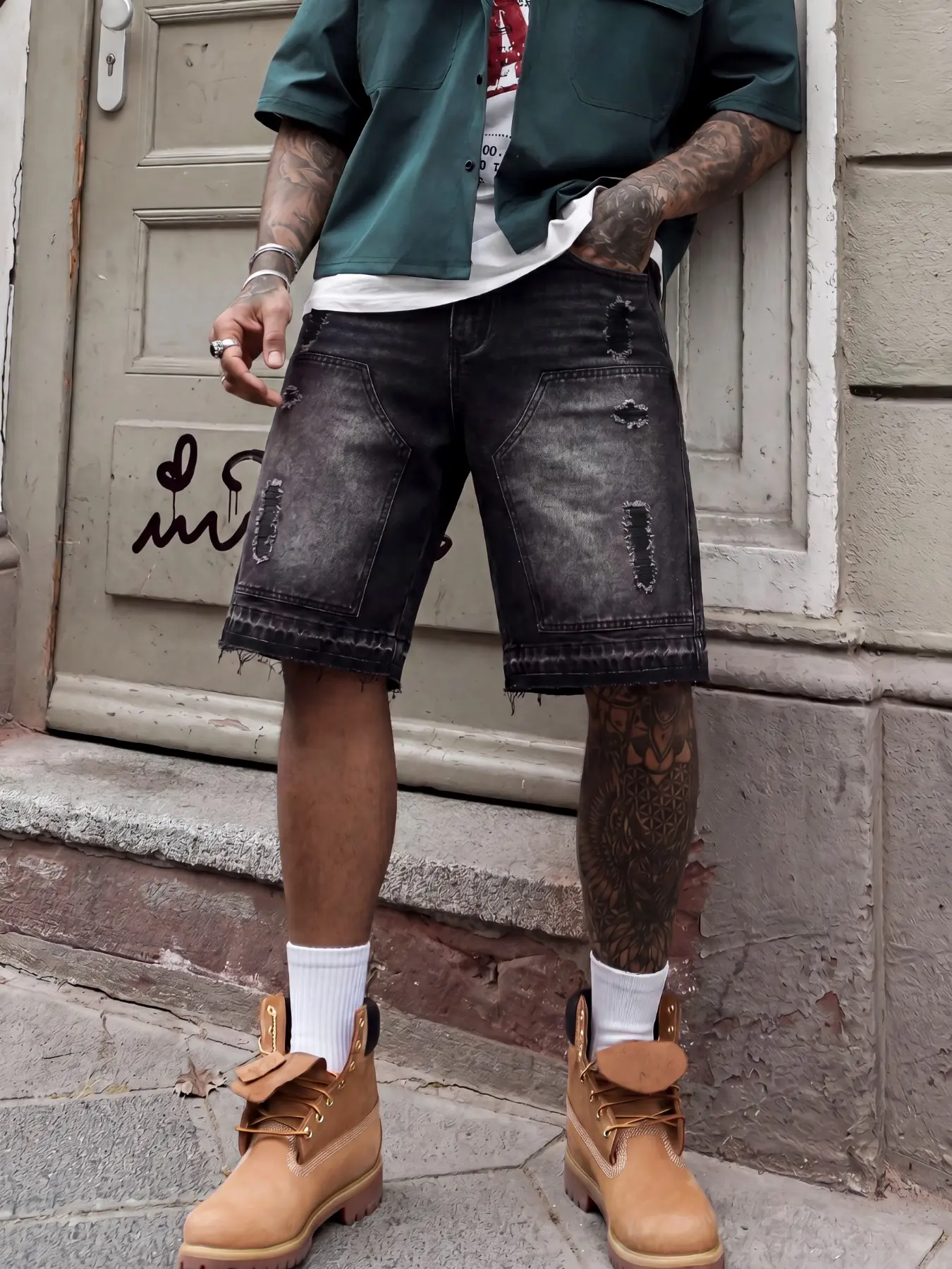 Men’s Vintage Black & Gray Denim Ripped Shorts with Scattered Distressed Rips and Frayed Hem, Versatile Everyday Streetwear Bottoms – Perfect Gift for Him