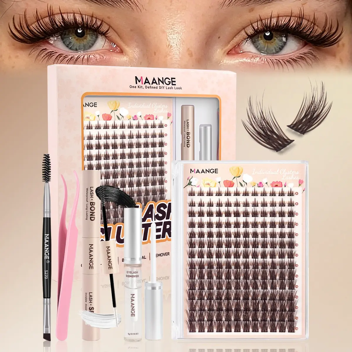 MAANGE Brown Lash Clusters Kit, 168pcs 8-16mm Individual Cluster Lashes, Ultra-Thin Band Faux Mink DIY Eyelash Extensions, Comes with Lash Bond Seal, Remover, Tweezers & Double-ended Eyebrow Brush, Natural Soft Wispy Brown Lashes