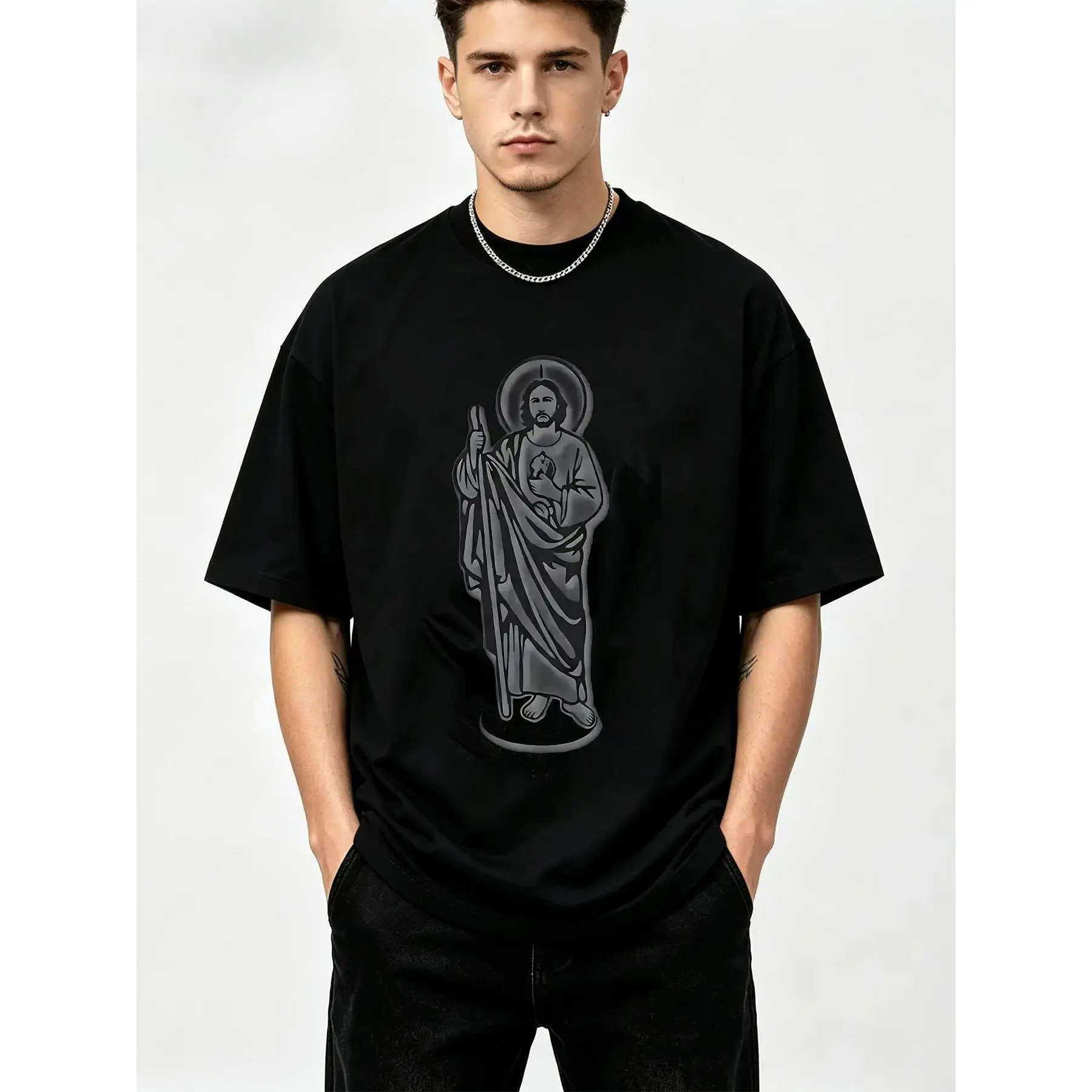 Saint Judas Tadeo Short-Sleeve Round Neck Casual Streetwear T-Shirt, Catholic Saint Traditional Art Sports Top, Faith-Inspired Birthday Gift