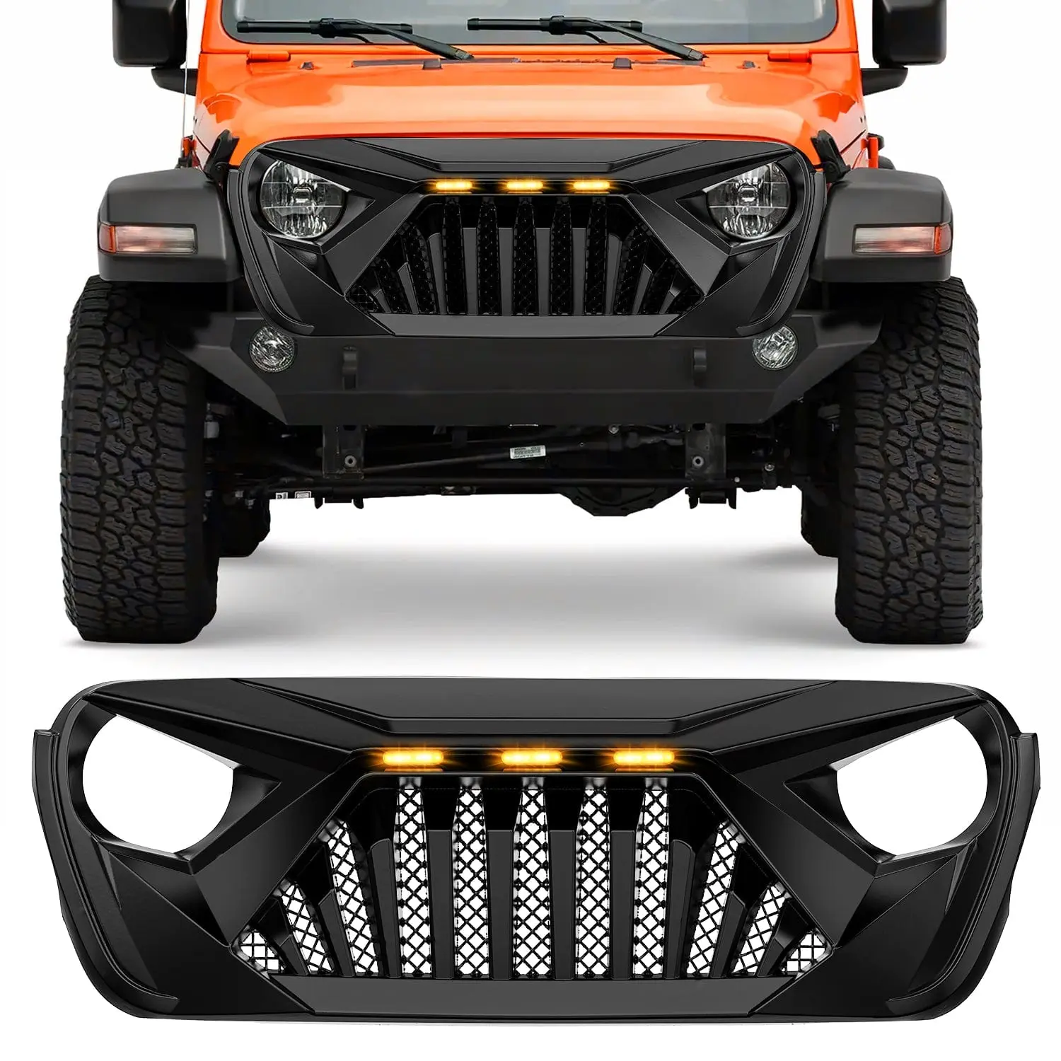 Nilight Matte Black Mesh Front Bumper Grill Cover - ABS Material, Amber LED Running Lights, Aggressive Off-Road Design, High-Quality Automotive Frame Fitting for 2018-2025 Wrangler JL & Gladiator JT, Led Lights