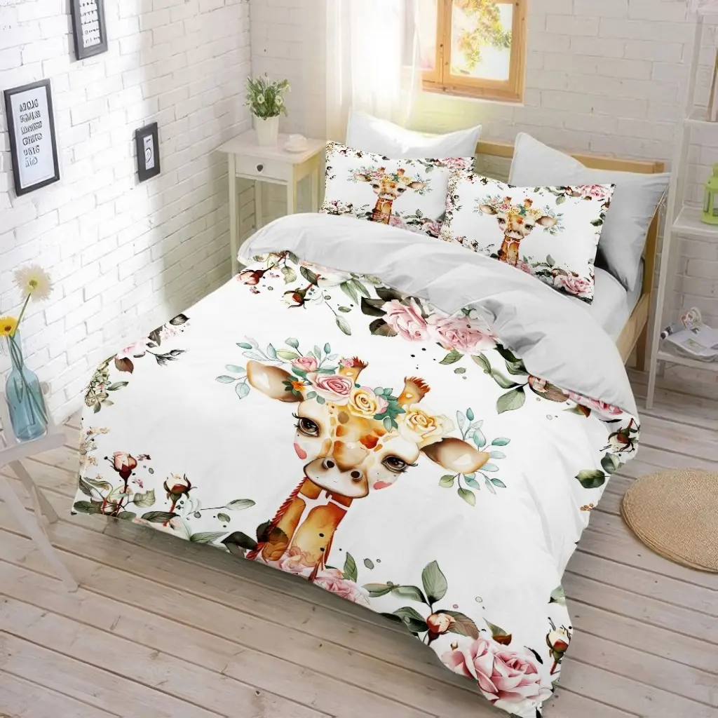 3Pcs Cute Floral Giraffe Duvet Cover - Cartoon Animal Print Bedding, Soft Microfiber Bed (1 Cover+2 Pillowcases, Unfilled) Perfect for Bedroom Dorm Home Decor.