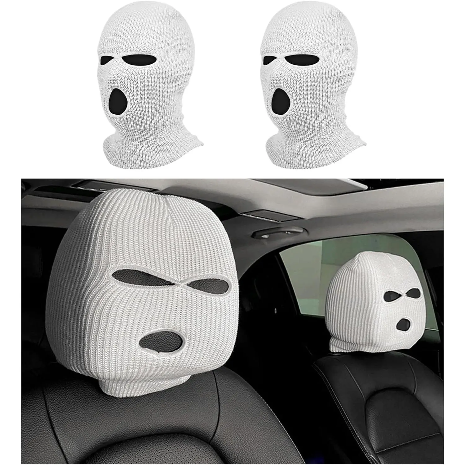 2 PCS Car Headrest Cover, Personalized Funny Car Seat Full Face Mask, Ski Mask Wrap Protection  Auto Front Seat Rest Decoration, Universal Interior Car Accessories (White)
