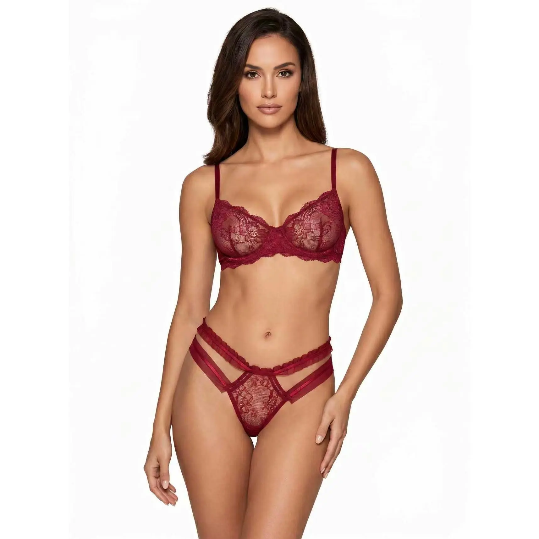 Wine Red Sheer Lace Thong Double Thin Strap Ruffle Edge Low Waist Intimate Underwear