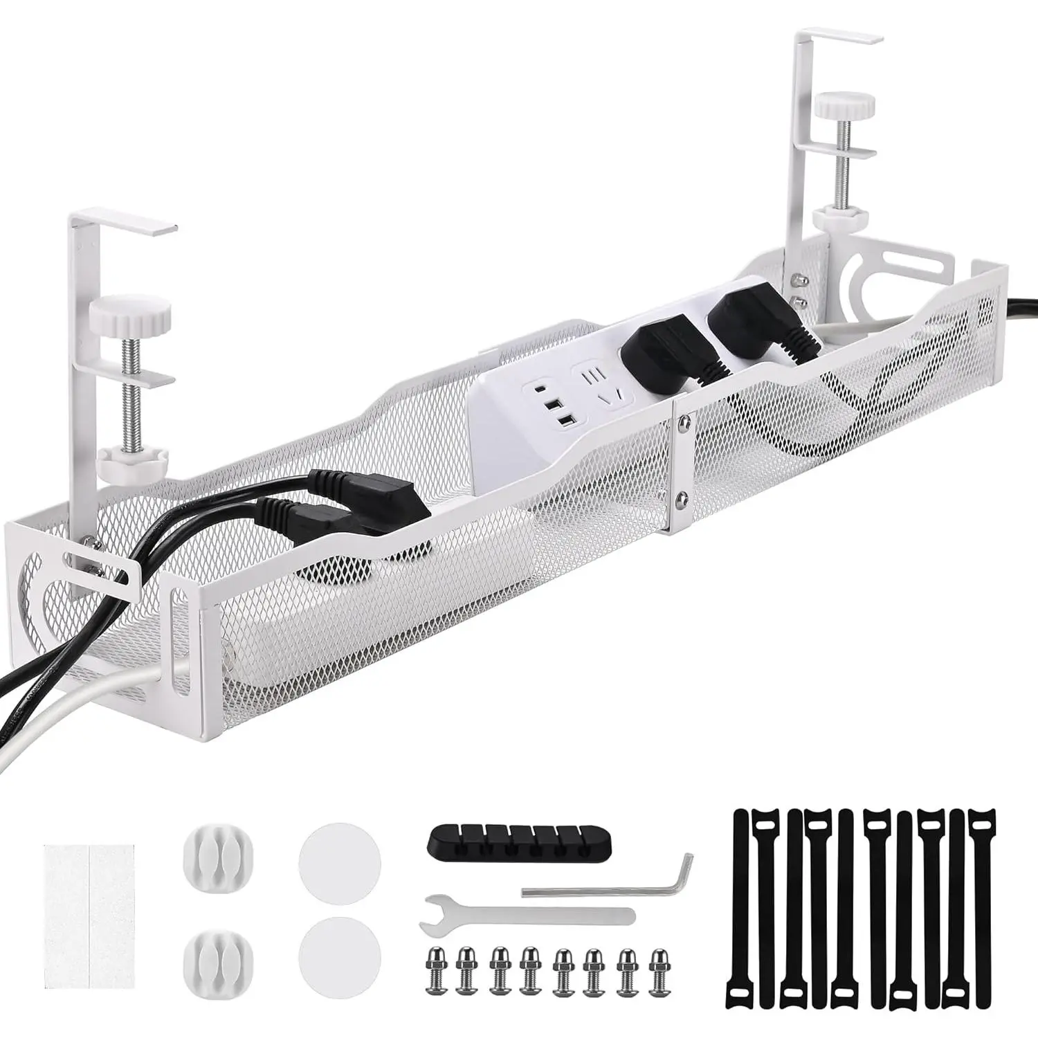 Under Desk  Management Box 25.3 Inch - Clamp-Mounted  Organizer Tray, Large Cord Management Box for Office & , Wire Organizer Under Desk Storage, White