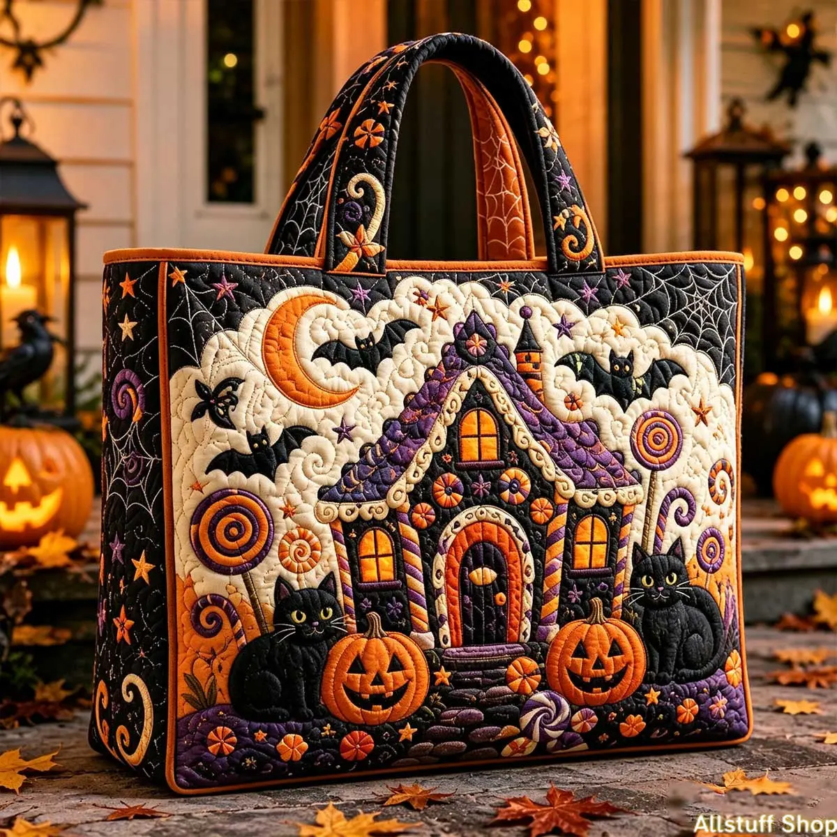 Women's Large Halloween Quilted Shopping Tote Bag - Machine Washable, Spooky Pumpkins & Cat Design, Dark Cottagecore Fall Shoulder Bag for Commute, Halloween Gift