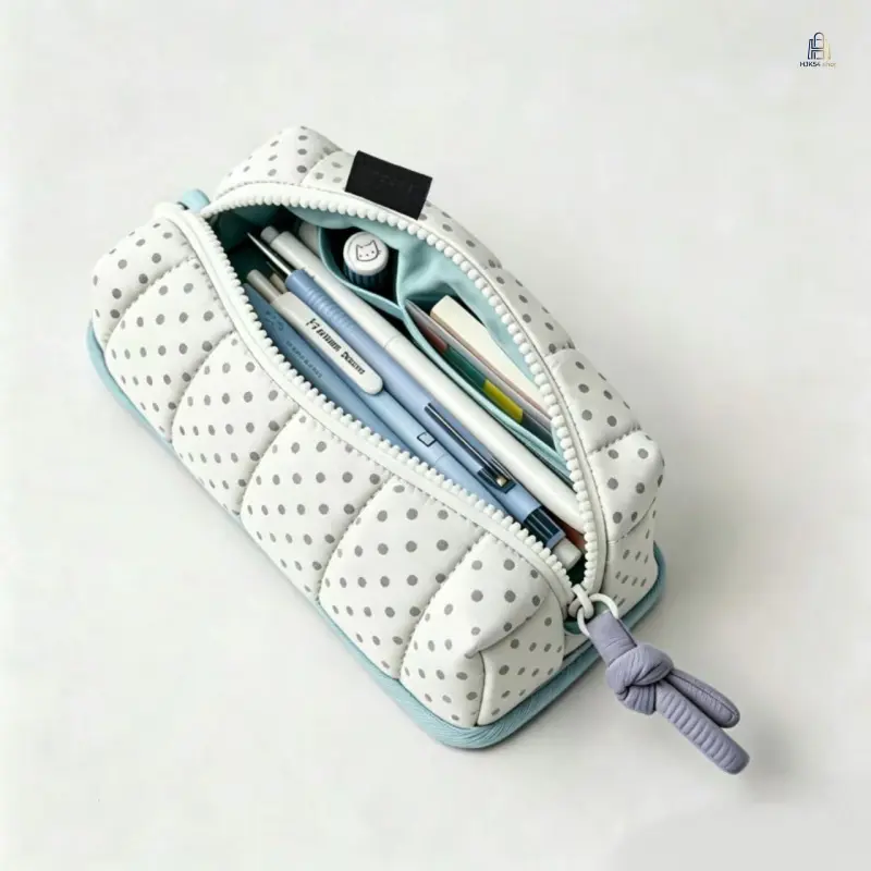 White‑Gray Polka Dot Pencil Case, Cute Cartoon Style High‑Appearance‑Quality Pen Pouch, Durable Zipper Stationery Bag, Spacious Storage Pencil Holder for Students, School Classroom & Daily Study Use,sohochic