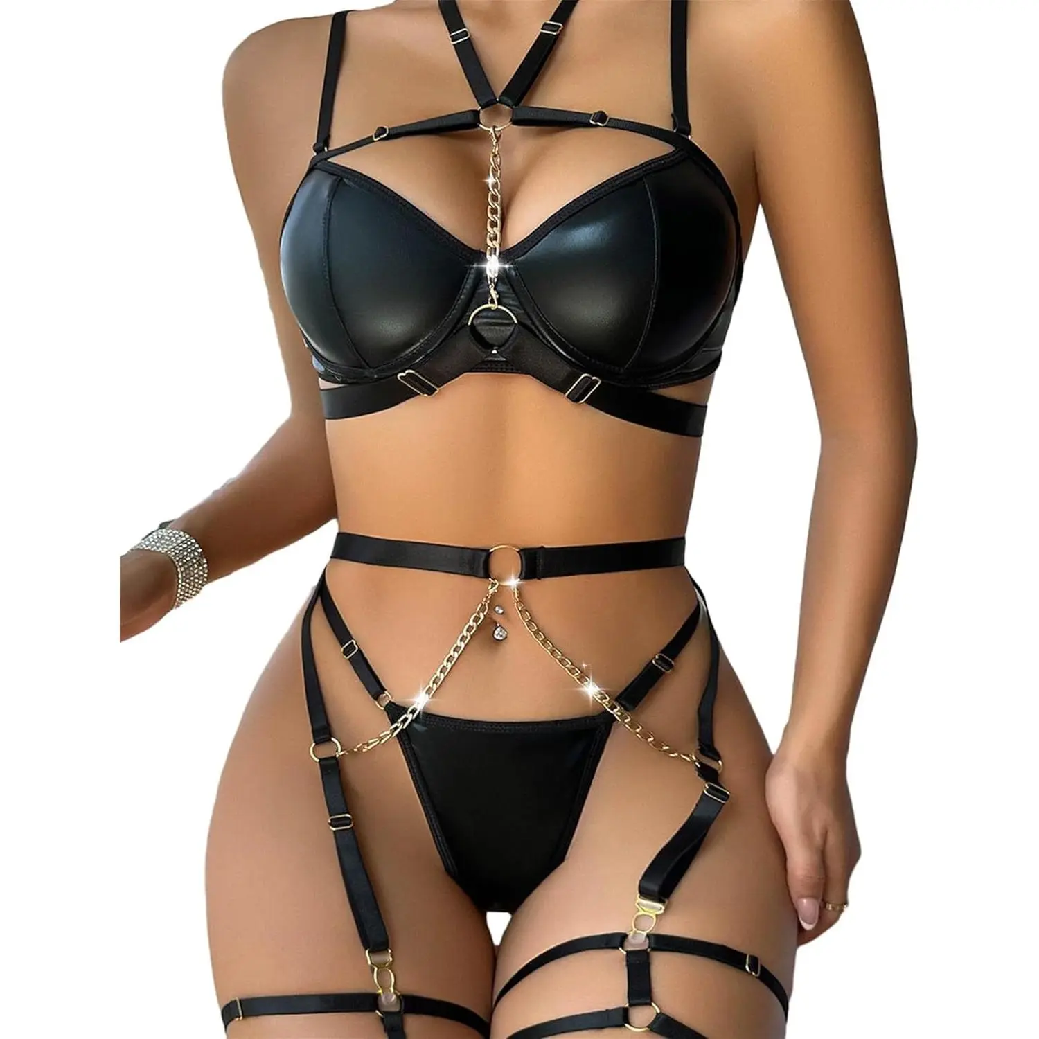 Sexy Pu Leather Strappy Underwire Garter Belt Lingerie Set