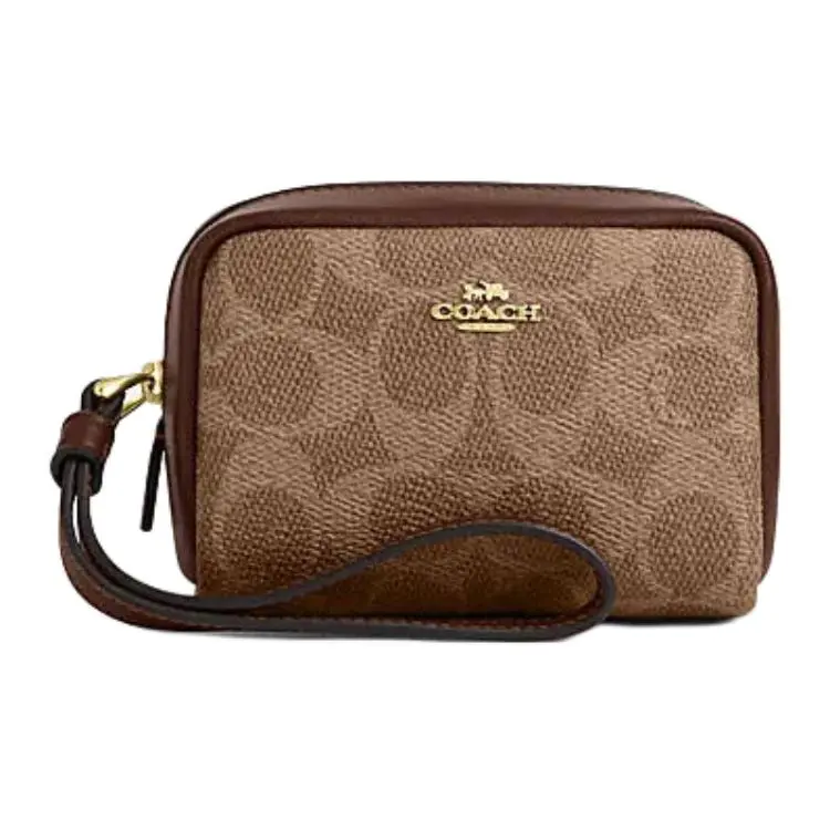 COACH Mini Wristlet Handbag for Women – Leather-Blend with Metal Zip Closure, Tan and Brown Color Block