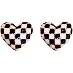 Checkered Stud Earrings for Women 70s 80s 90s  Enamel Black White Striped Checkerboard Heart Round Geometric Small Earrings for Birthday Valentines Day Anniversary Christmas Fashion