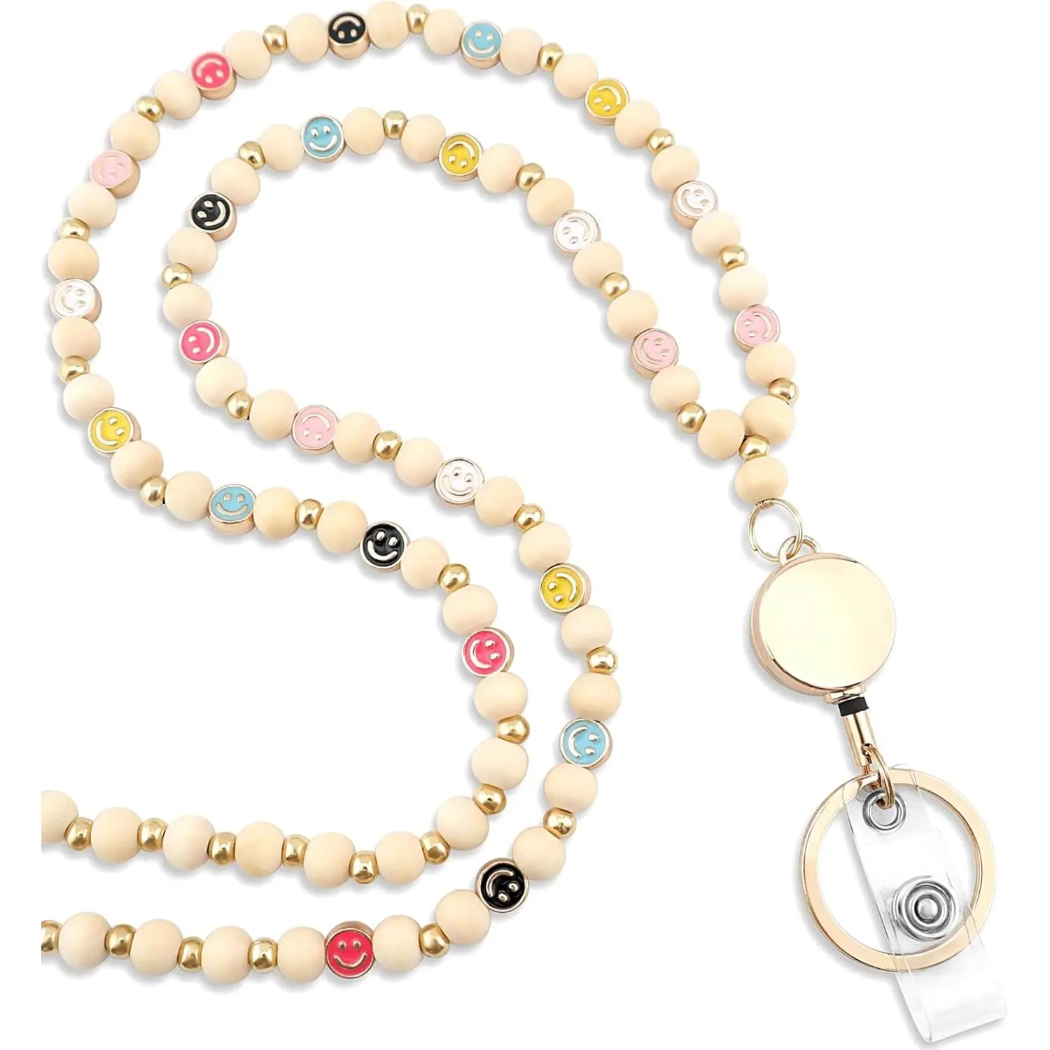 Smile Teacher Lanyard for Women with Retractable ID Badge Reel and  Cute Happy Beads Lanyard
