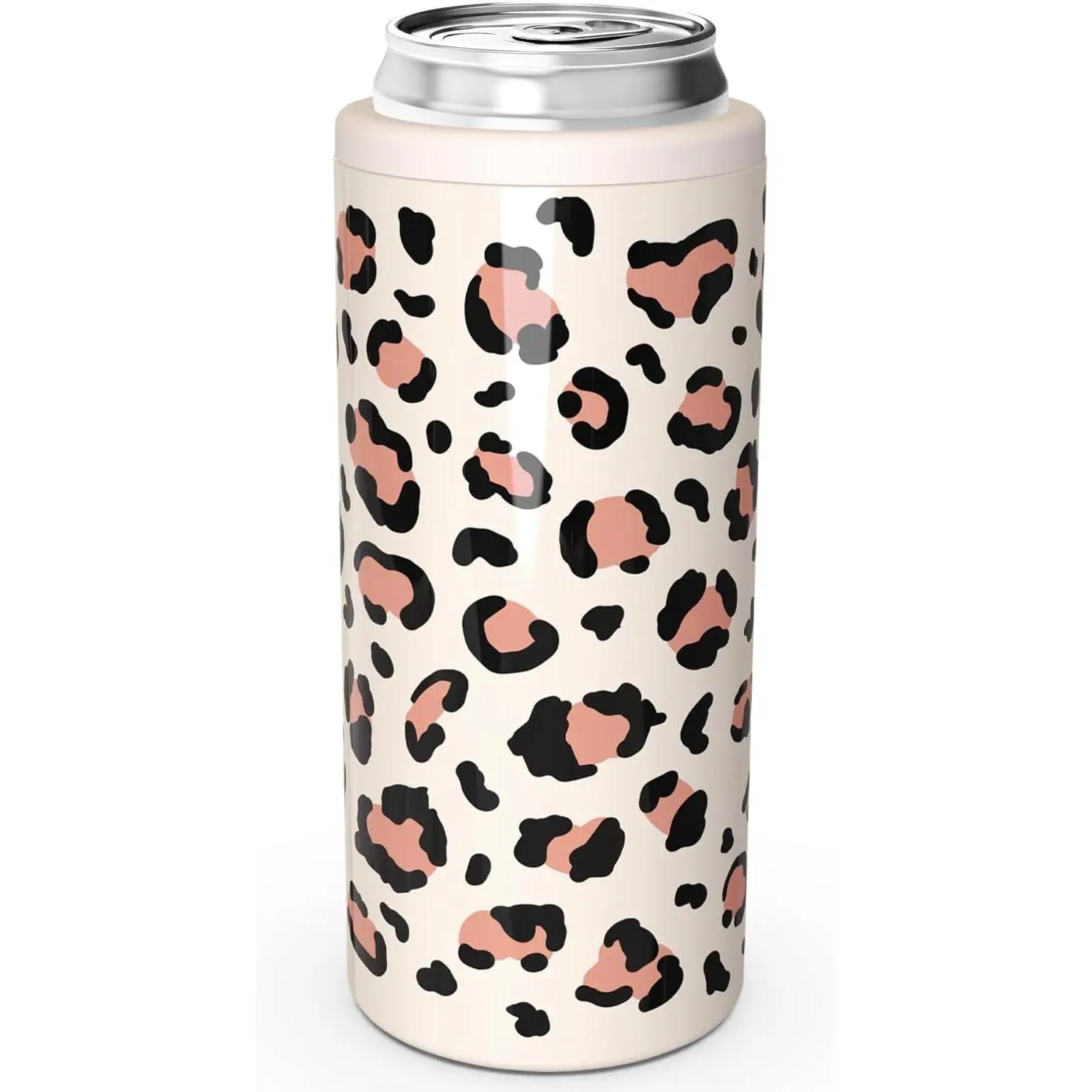 Stainless Steel Skinny Can Cooler for 12 oz Slim Beer, Hard Seltzer & Drink, Double-Walled Insulated (Leopard Print)