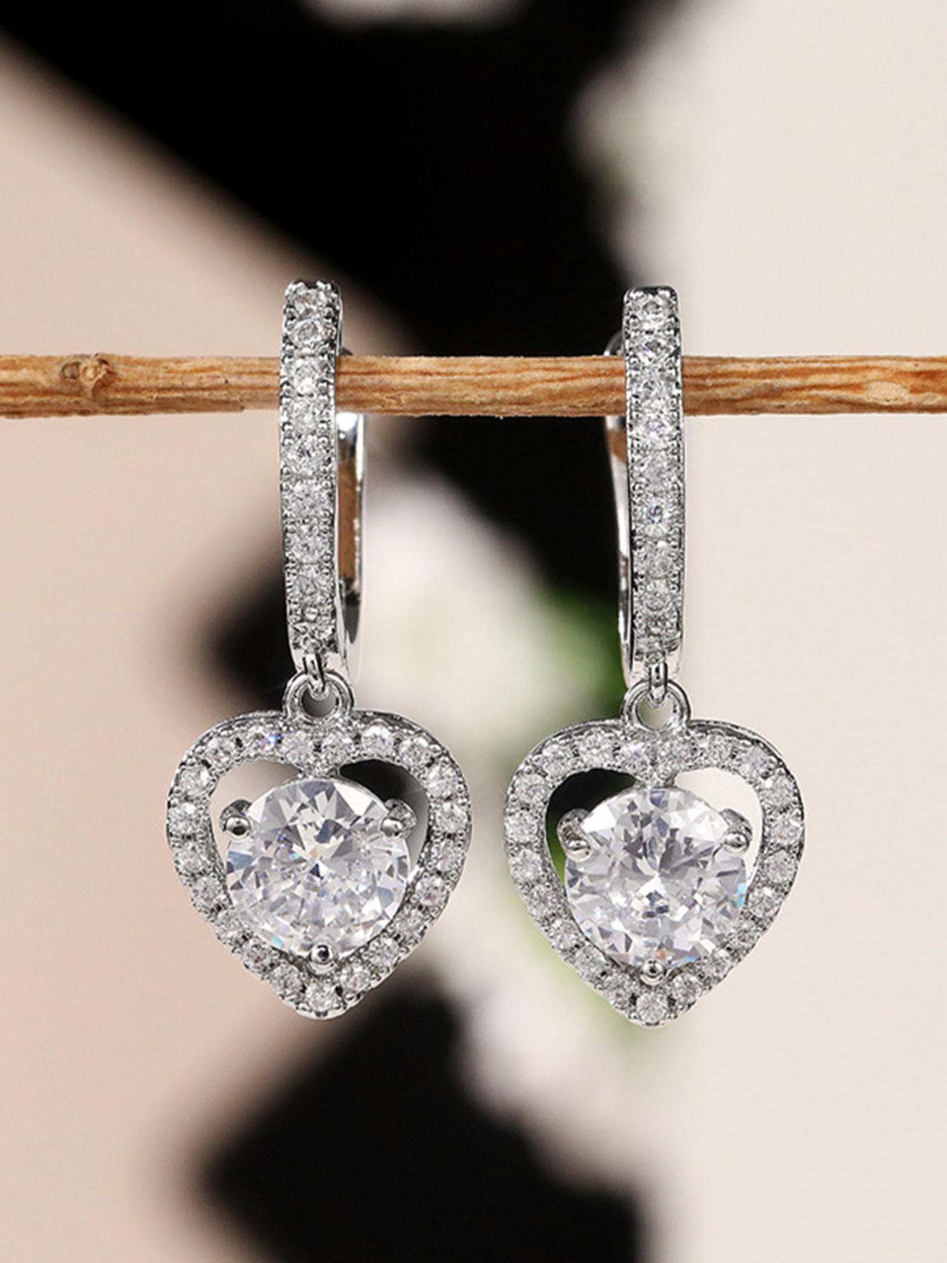 Women's Elegant Rhinestones Decor Dangle Earrings, Copper Inlaid Zircon Trendy Heart Design Dangle Earrings, Fashionable Teen Girl Accessories As Gift for Girlfriend, Heart Shaped Earrings, Trendy Jewelry, Dangling Earrings, Dangly Earrings