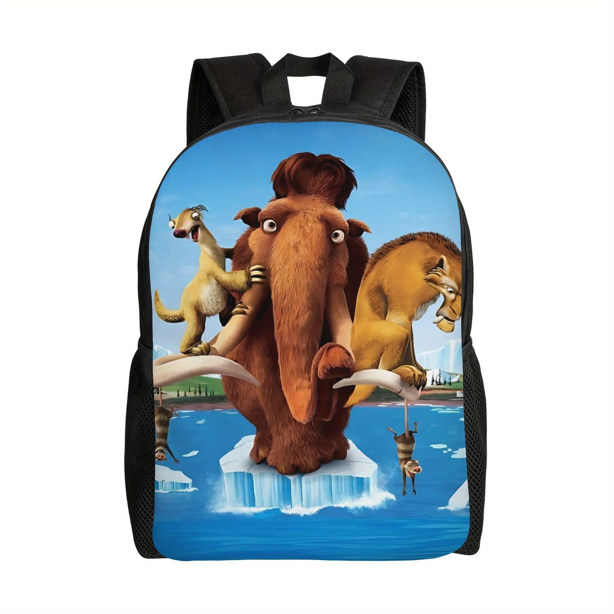 Ice Age Classic Cartoon Character Backpack, Manny Sid Diego Iceberg Ocean Movie Print Daypack, 600D Oxford Lightweight School Bag Padded Straps Fits 15-inch Laptop, Side Mesh Pockets Washable Backpack for Kids Boys Girls Animated Film Fans, Fantasy, Synth