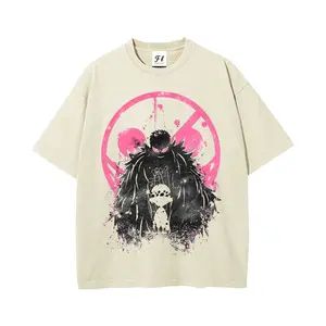 Unisex Plus Size Summer Washed Graphic Tee, Black Ink Splash Giant Monster & Small Character With Pink Circular Background Print, 100% Cotton Round Neck Casual Oversized Washed T-Shirt, Men Women Y2K Streetwear Top