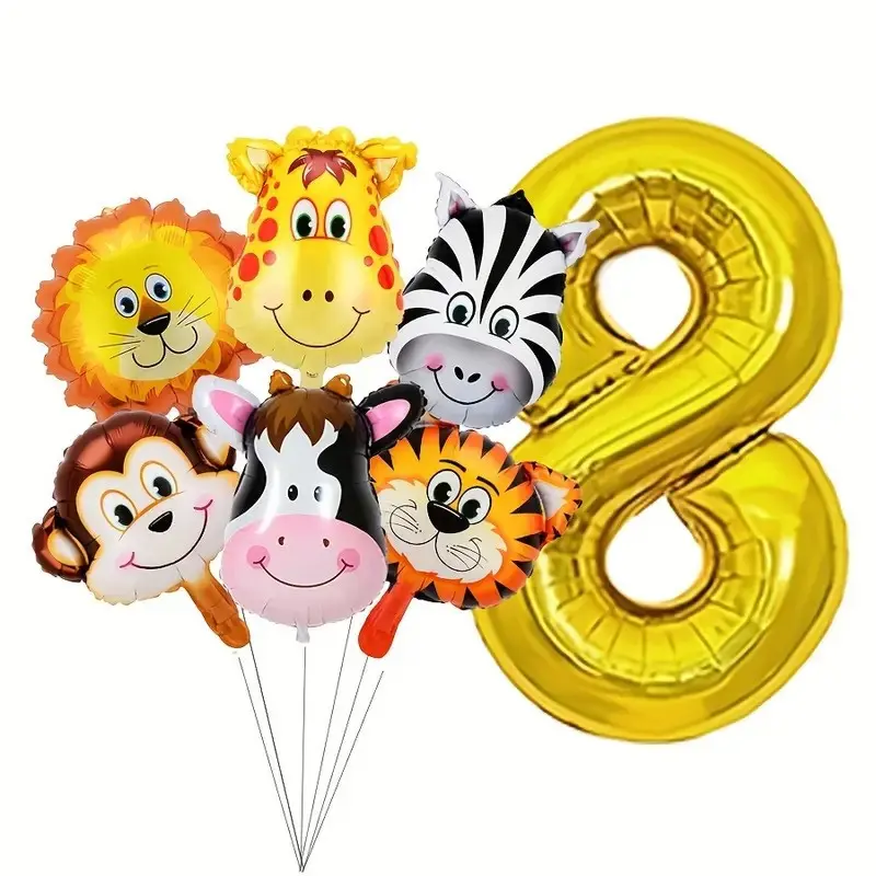 7pcs 32 Inch Number Aluminum Foil Balloons, Cartoon Mini Animal Head Balloons for Kids Birthday Party Decorations