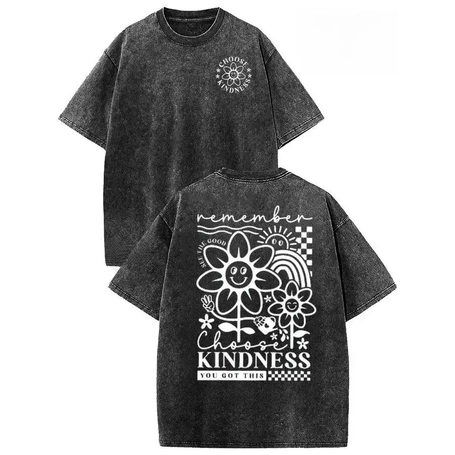 Women's Vintage Washed Oversized T-Shirt - 'Choose Kindness' Smiley Flower, Rainbow & Sun Graphic Print Retro Casual Short Sleeve Tee