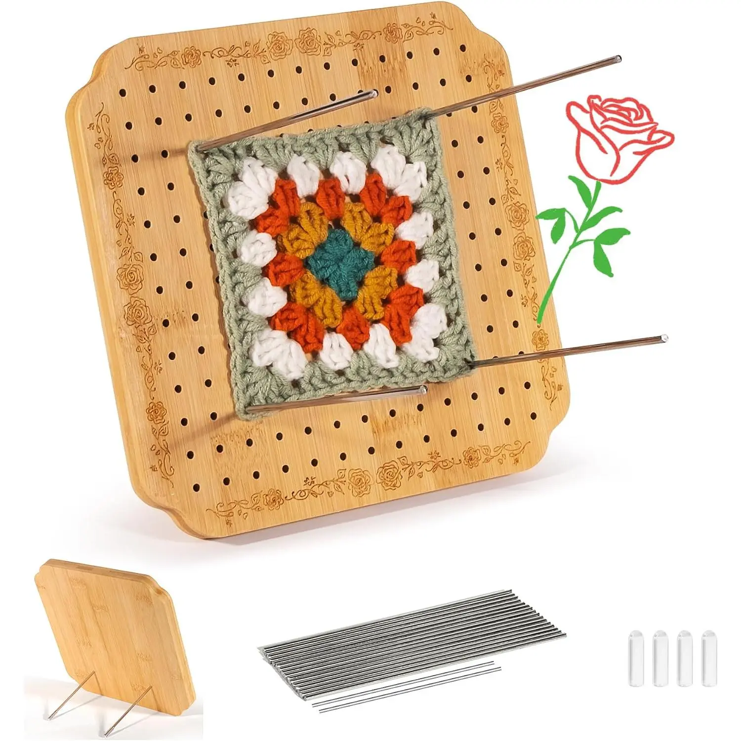 7.6 in Blocking Boards for Crochet Projects with Rose , Crochet Blocking Board with Pegs, Granny Square Blocking Board with 20 Stainless Steel Pegs,