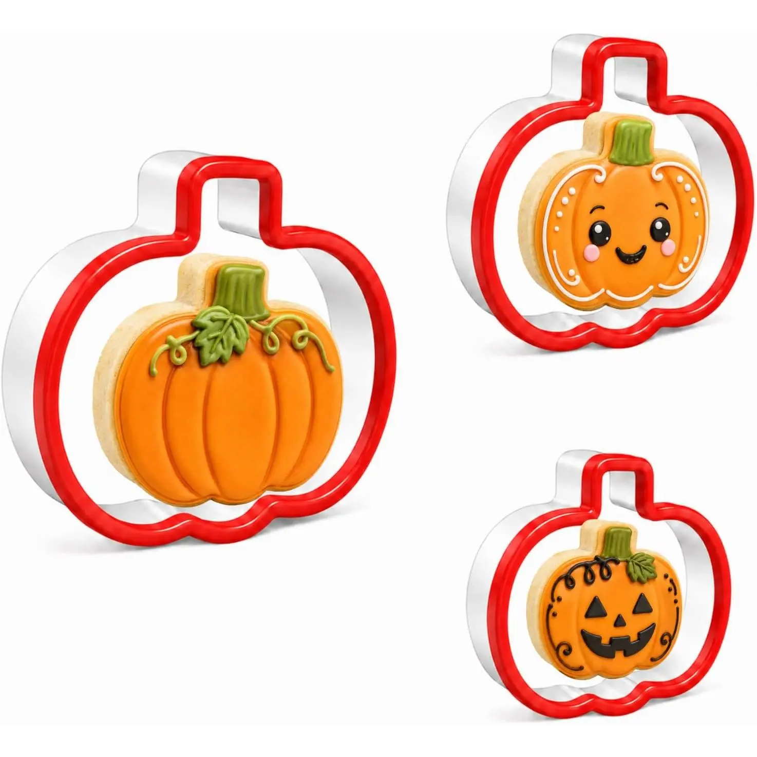Pumpkin Halloween Cookie Cutters, 3- Stainless Steel Set | Red  grip and three pumpkin sizes for cookies, fondant, pastry