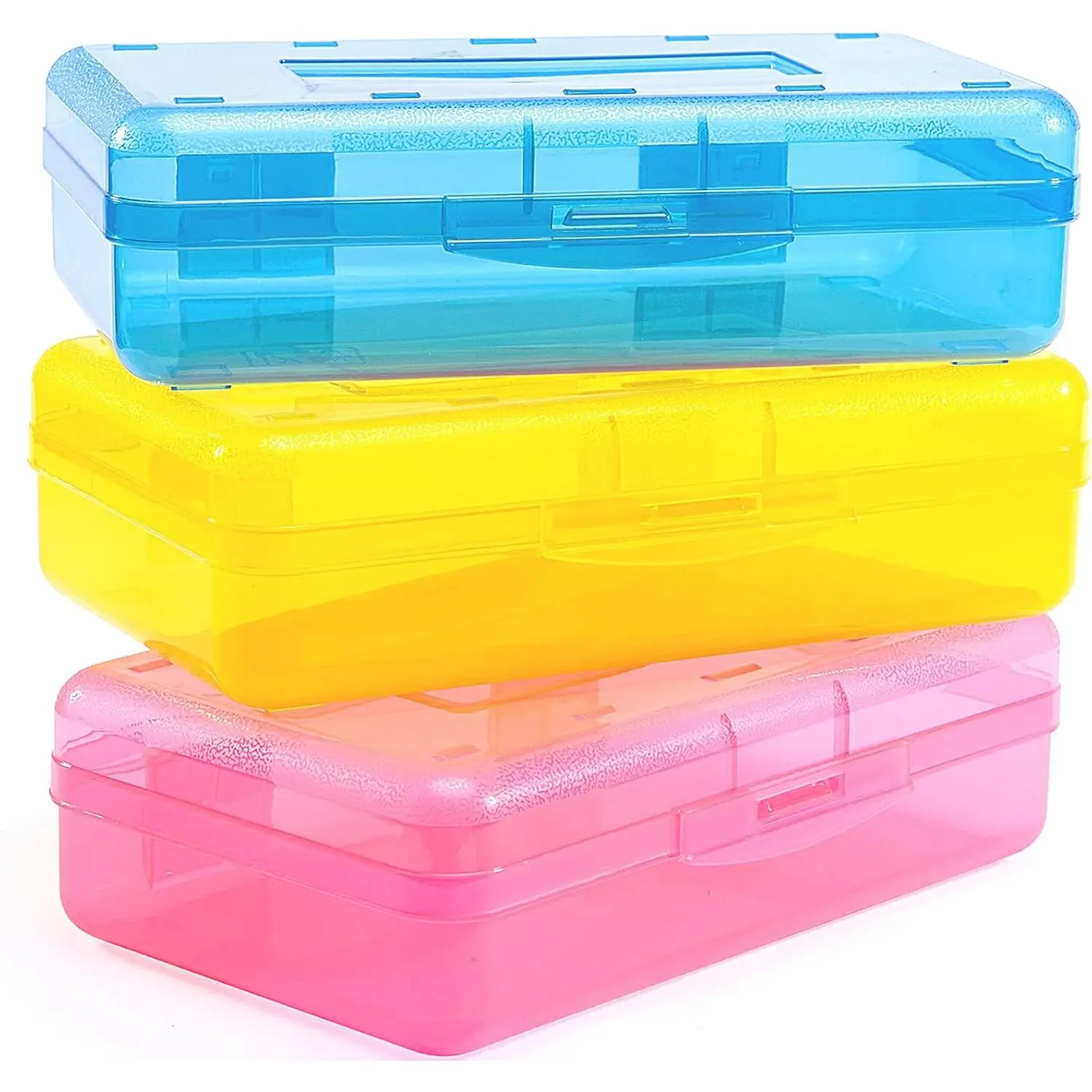 3 Pack Pencil Case, Large Hard Pencil Box Bulk, Clear Crayon Box | Marker Pen Organizer, Plastic Storage Container with Snap Lid, Art Craft Organizer Back to School Supplies, Colorful