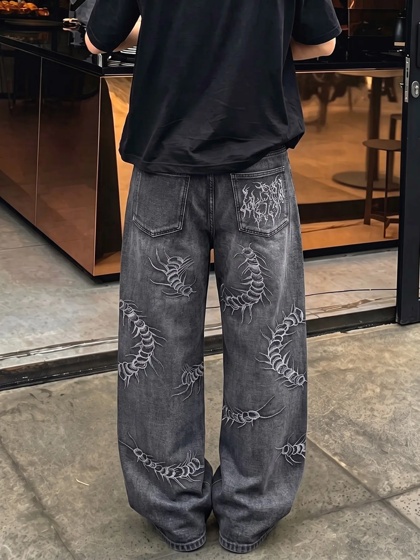 Men's Vintage Punk Style Wide Leg Jeans, Spider Pattern Full Embroidery, Loose Fit, All Seasons, Trendy Drop Hem Pants
