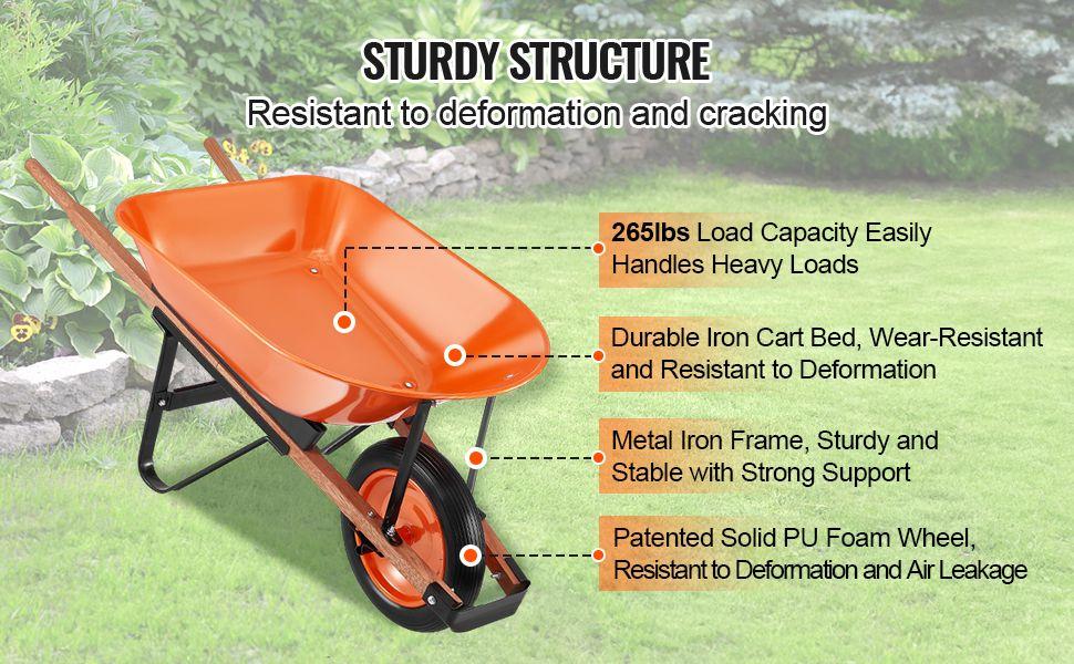 VEVOR Wheelbarrow Cart, 5 Cu. Ft. Load & 265 lbs Capacity, One Wheel Garden Dump Cart, Garden Wagon with Metal Handle & 16" Wide Track Wheels, Easy Loading Utility Yard Cart & Wagons for Lawn Farm