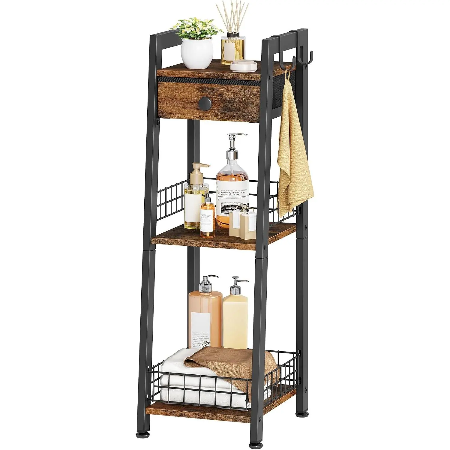 Narrow Bathroom Ladder Shelf with Drawer, 3-Tier, Rustic Brown | Bathroom Table Stand for Small Spaces, Bathroom Storage for Living Room, Bedroom, Kitchen, Bathroom Organizer Standing Shelf
