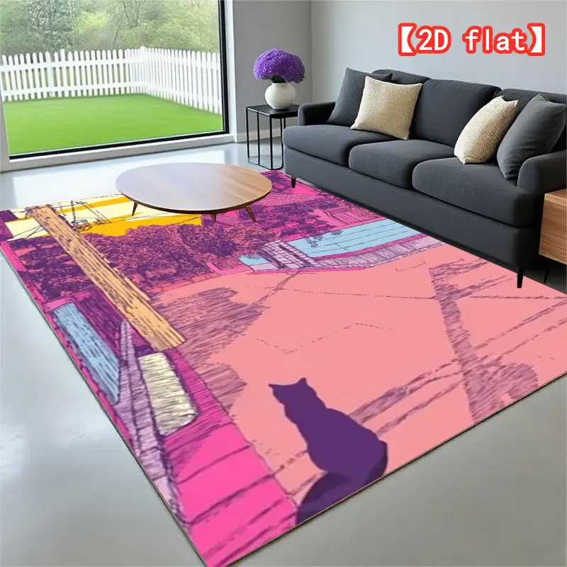 2D flat town dusk, cat sitting quietly. 1-piece area rug, washable bedroom rug, anti-slip, vintage traditional rug, suitable for living room, bedroom, office, and front porch entrance, home decoration