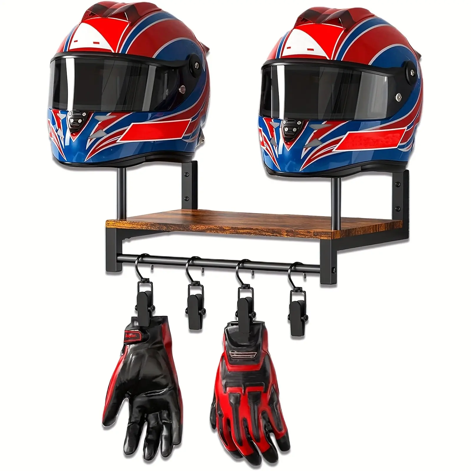 Motorcycle Helmet Holder Wall Mount with Hooks, 4 Glove Clips, Baseball Headgear Rack, Organizer for Motorcycle Accessories Storage