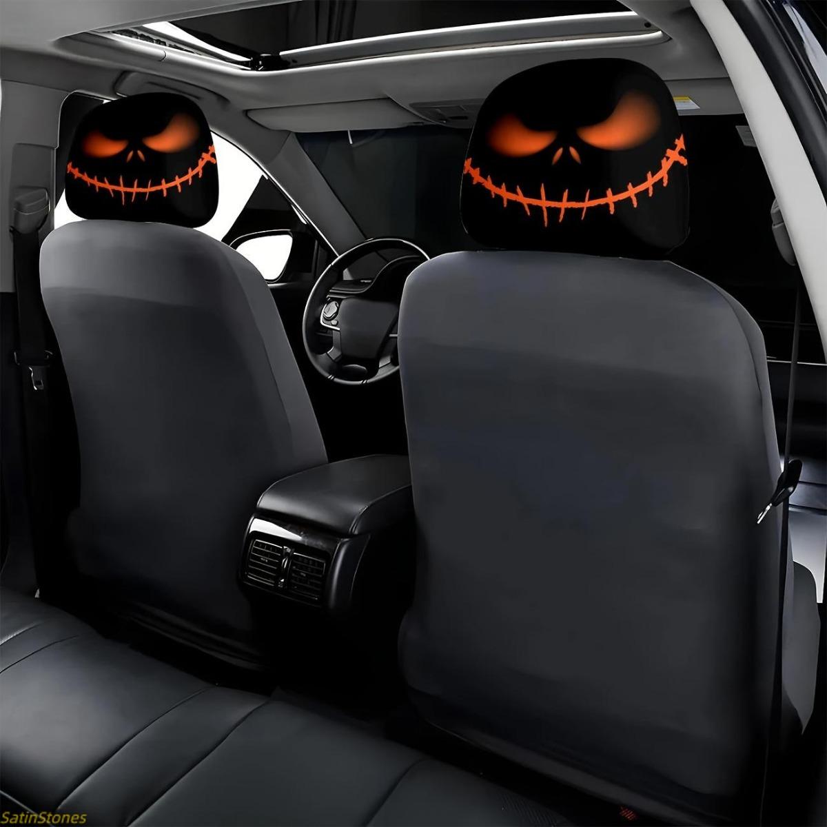 2 Pack Halloween Pumpkin Head Pillow Covers, Skull Design, Glowing Eyes, Car Ornaments, Spooky Car Accessories, Festive Atmosphere, Easy to Install, Universal Fit