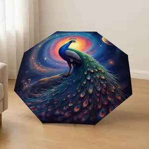 1pc Starry Background Peacock Illustration Automatic Folding Umbrella, Lightweight Compact Travel Umbrella, 8-Rib Solid Frame, Unisex, Portable Outdoor Accessory