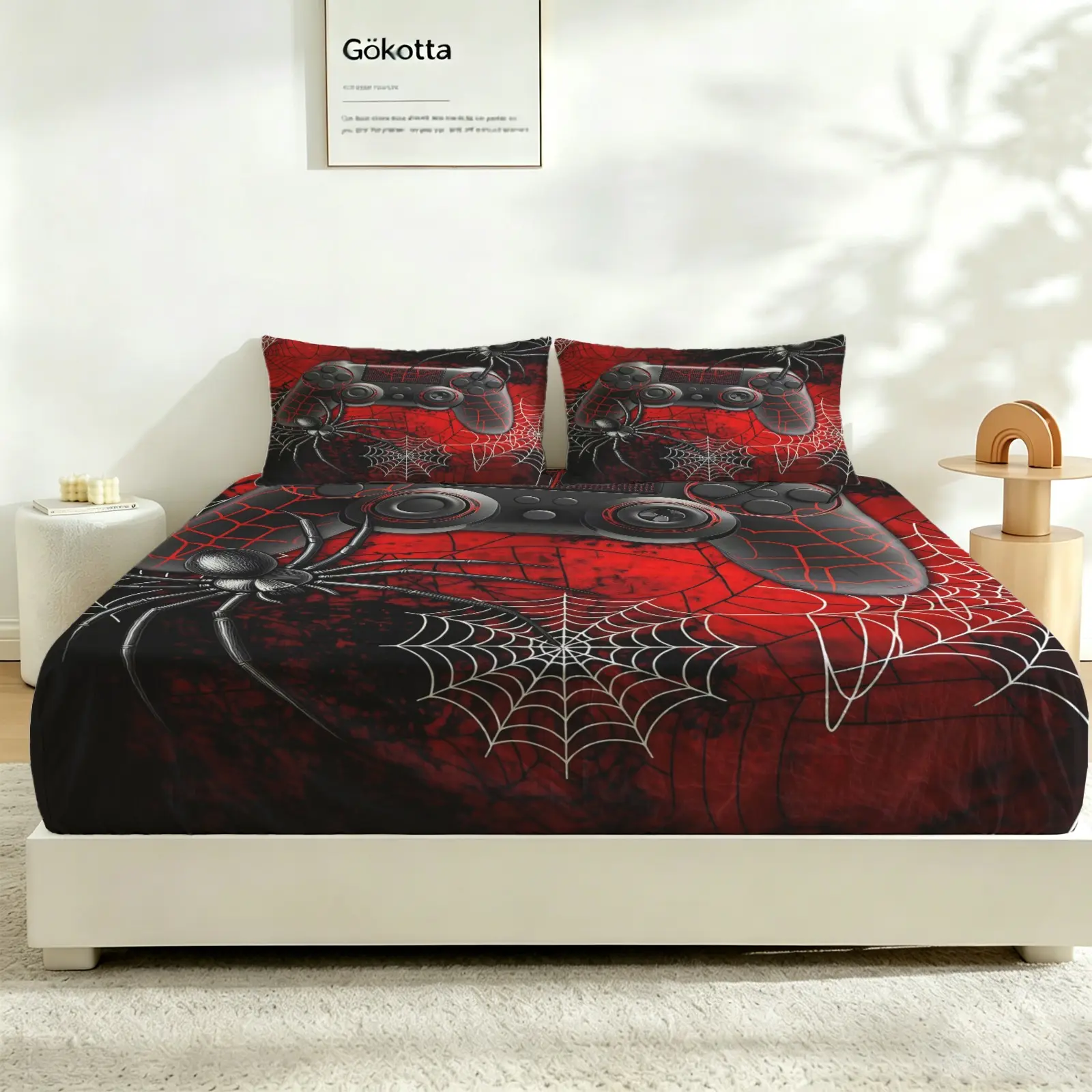 3Pcs Gamer Spider Web Controller Fitted Sheet Set, Bed Sheet Set, Bedding Set, No Fillers, Digital Print Bedding for Teen Gamers Dorm, Back to School Must-Have, Soft Bedroom Decor, Creates Edgy Gothic Gaming Atmosphere