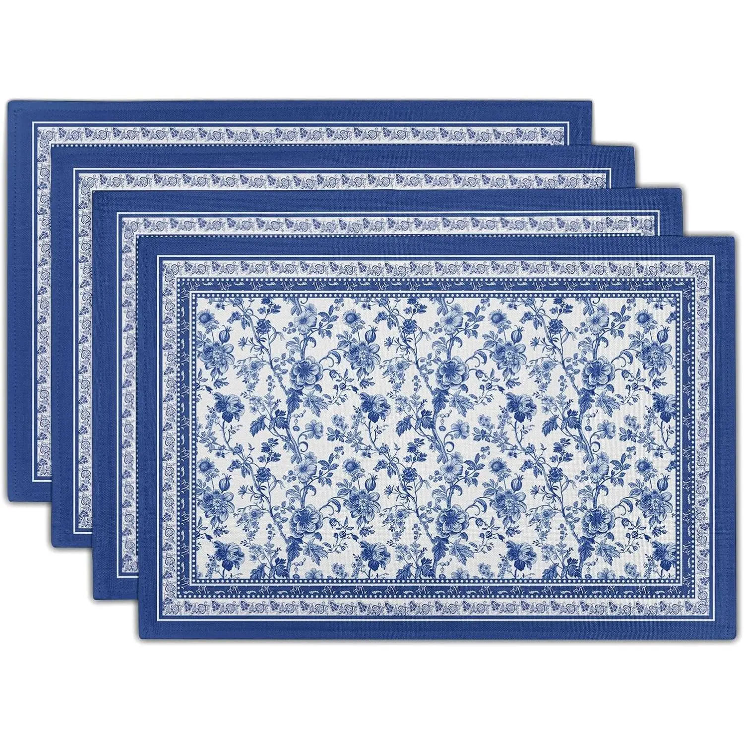Blue Floral Branches Placemats Set of 4 ，12 x 18 Inch Chinoiserie Table Mats Washable Heat Resistant Linen Fabric Rectangle Place Mat for Indoor Outdoor Kitchen Dining Home Decor