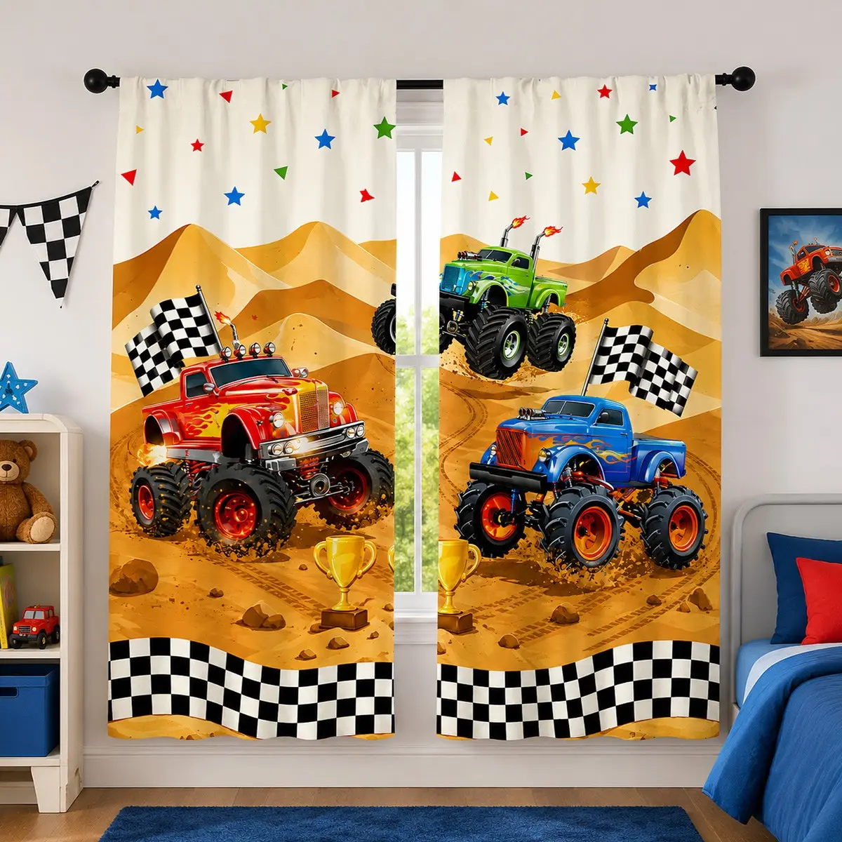 2pcs Kids Anime Truck Print Curtains, Insulated Semi-Sheer Drapes for Bedroom Kitchen Living Room, Fiber Balcony Curtains for Children Teens