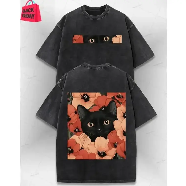 Unisex Vintage Washed T-Shirt - Black Cat & Floral Print (Front/Back), Y2K Loose Fit Beige, All-Season Casual, Machine Washable
