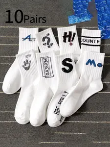 10 Pairs Teen Socks, Men's Breathable Casual Crew Socks, Letter Print Long Socks, Basketball Sports Socks, Simple Style