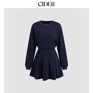Cider Round Neckline Pleated Long Sleeve Mini Dress Dealsforyou