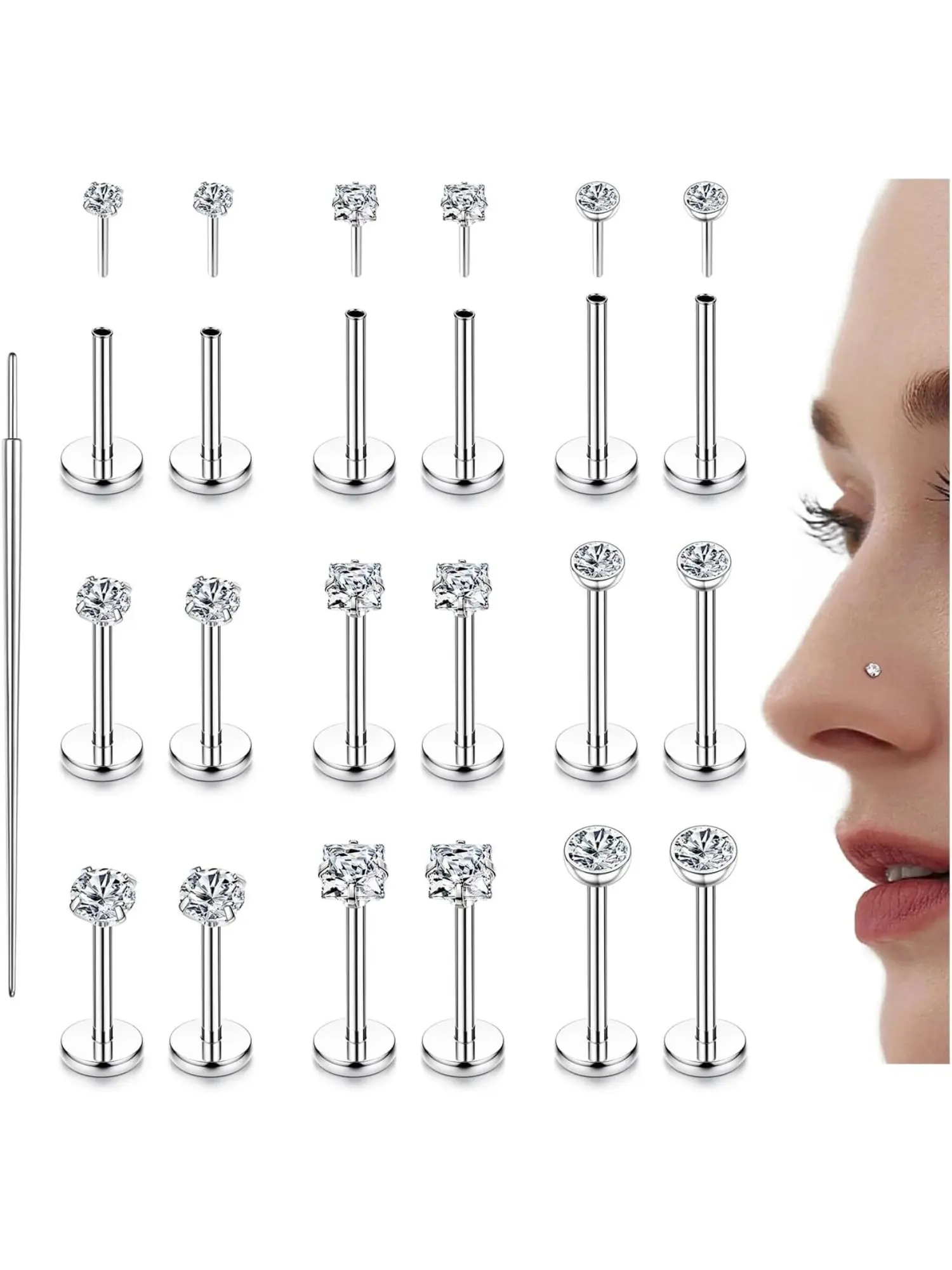 18PCS Hypoallergenic Threadless Flat Back Piercing Jewelry Set for Men & Women, 16G 18G 20G Multi-Gauge Nose Studs, Cartilage Nostril Conch Helix Tragus Universal Piercing Studs for Daily, Festival & Party Wear