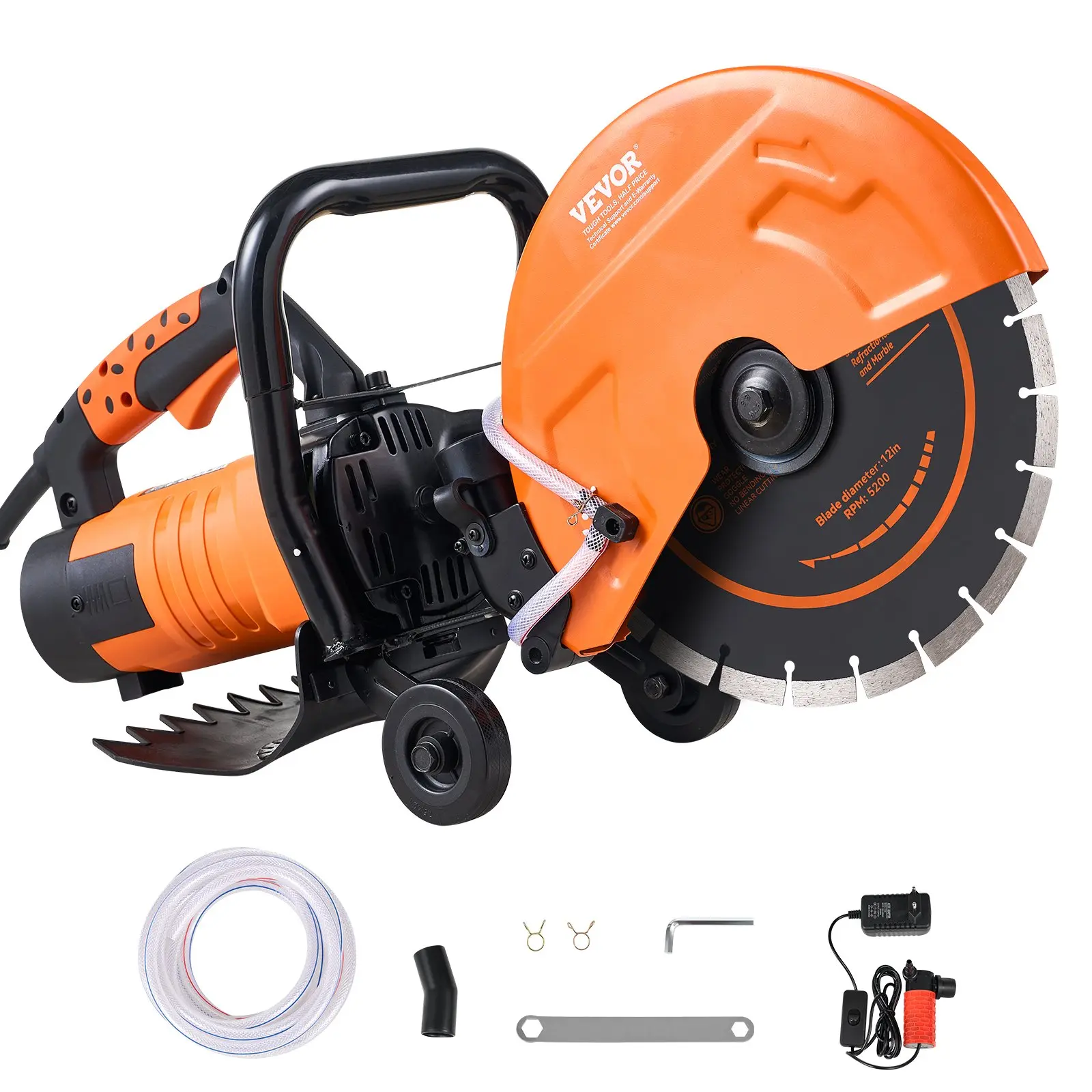 【toolupgrade】VEVOR Electric Concrete Saw, 12 in, 1800 W Motor Circular Saw Cutter with Max. 4.5 in Adjustable Cutting Depth, Wet Disk Saw Cutter Includes Water Line, Pump and Blade, for Stone, Brick