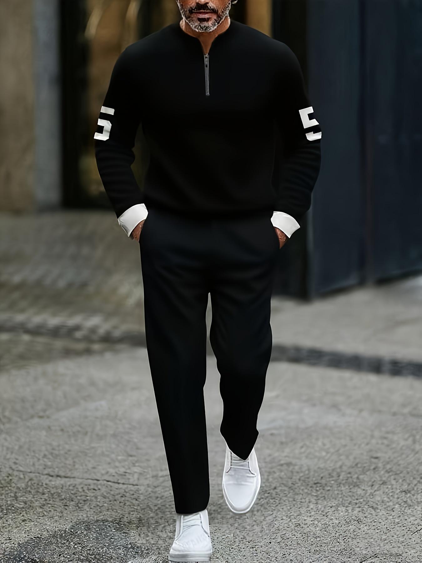 New European and American Men's Sportswear Set Half-Zipper Top with Number 5 Sleeve Patch Comfortable Fabric for Daily Street Wear and Casual Commuting