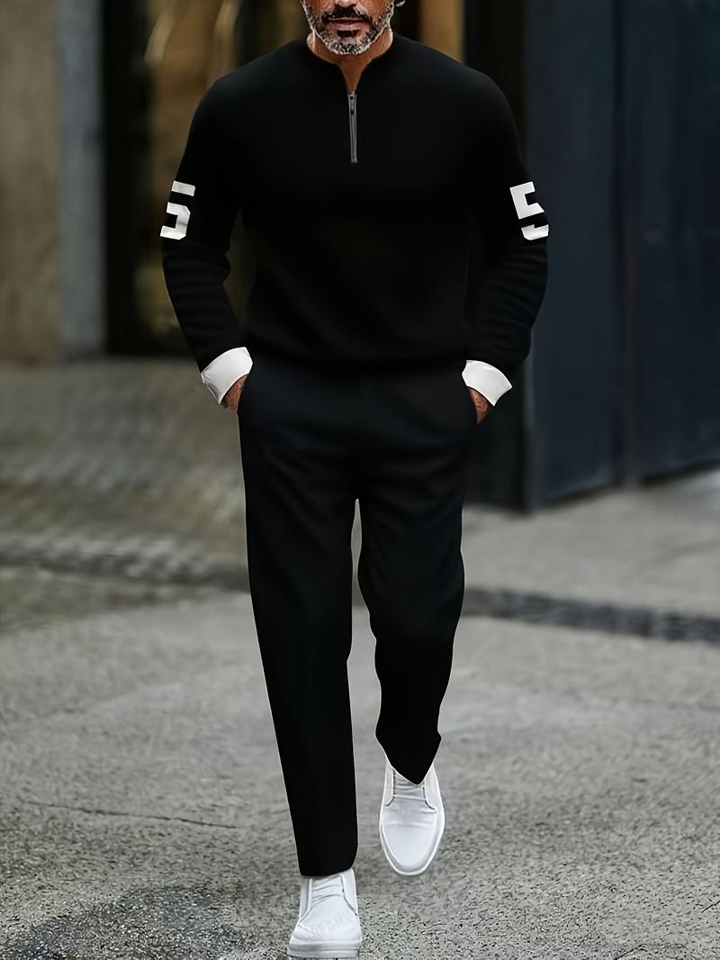 Business casual fashion men's digital printed sportswear set, featuring a street-style patterned digital half-zip sweater + pants, a two-piece men's outfit