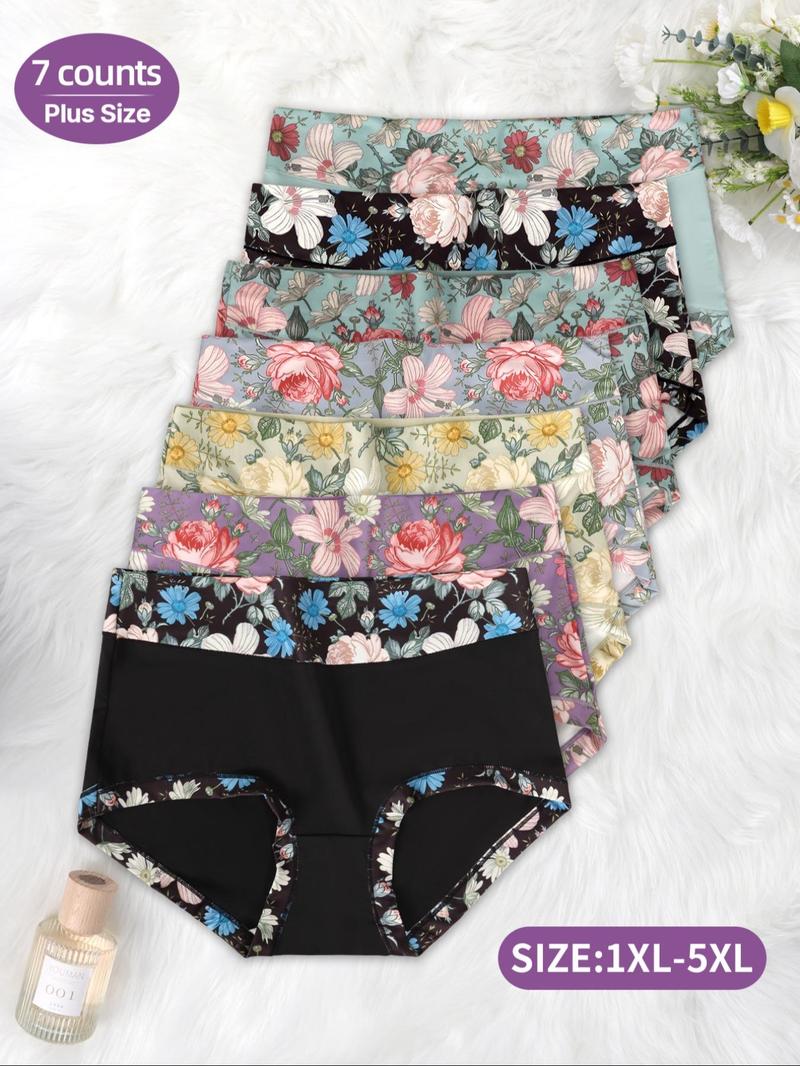 【Plus Size】 Floral Patchwork Print High Waist Panty, Casual Comfy Breathable Knicker for Daily Wear, Women's Underwear for All Seasons