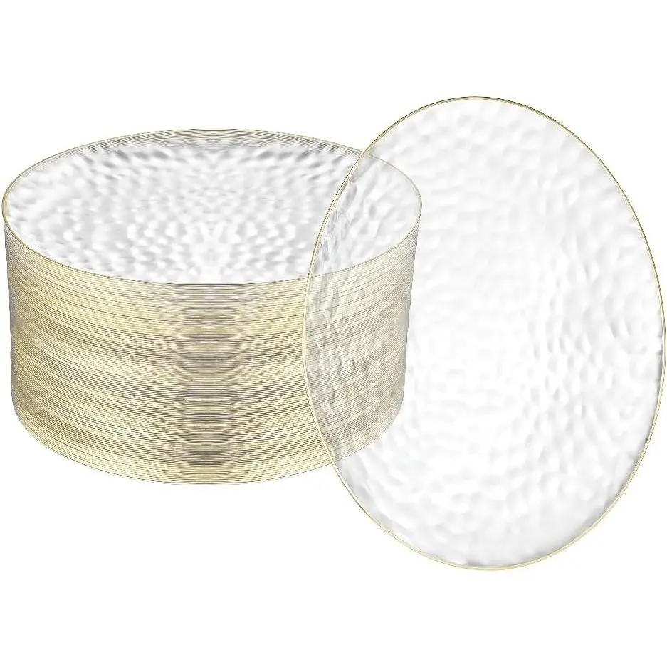 100 Pack Clear Plastic Plates - 6.25 IN Hammered Gold Rimmed Sturdy, Durable And Extra Heavy duty Gold Plastic Dessert Plates Disposable - Ideal For Appetizer And Desserts.