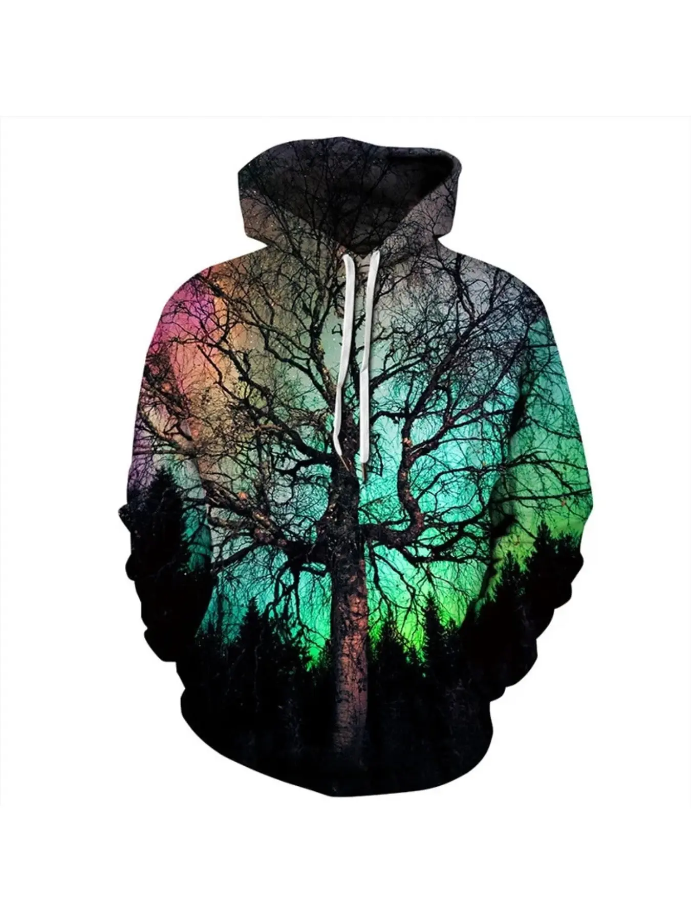 Aurora Ancient Tree 3D Printed Hoodie, Forest Scenery Stylish Trendy Casual Long-sleeve Hooded Sweatshirt