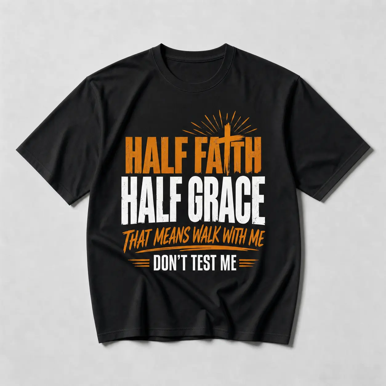 Orange Cross Sunburst Half Faith Half Grace Text Graphic Print |     100% Cotton T-Shirt, Bold Christian Faith Religious Slogan Tee, Unisex Men Women Casual Top, Sunday Worship Church Daily Outfit, Spiritual Faith Gift For Christian Believers