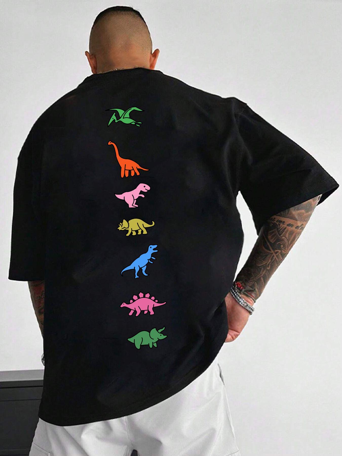 Unisex Men's Dinosaur Print Drop Shoulder Tee, Street Fashion Casual Short Sleeve Round Neck T-Shirt for Daily Wear, Men's Clothes for Summer