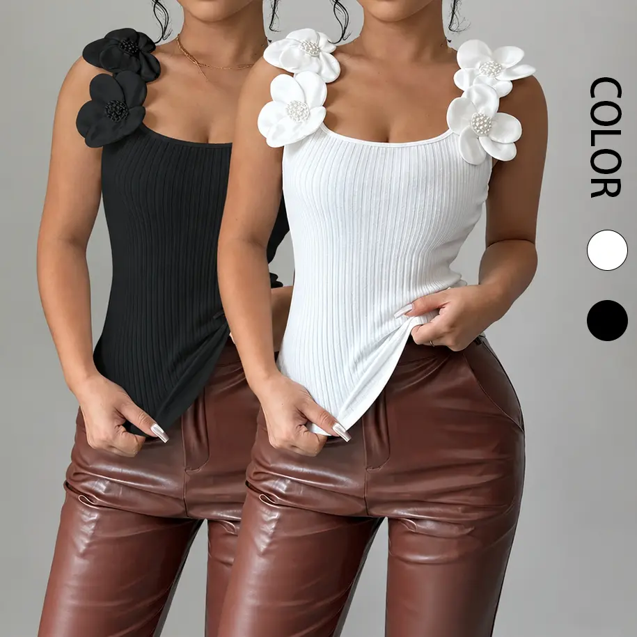 Women's Feminine Floral Flower Knit Ribbed Sleeveless Slim-Fit Collared Cropped Summer Top - Unlined H-Line Silhouette, Ideal for Casual-Dressy Wear (Pairs with Leather Trousers)