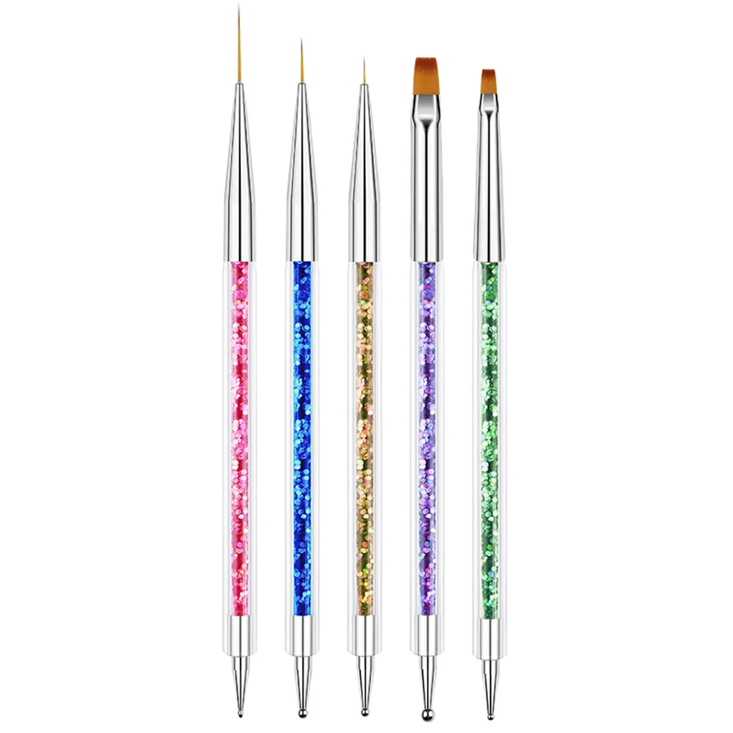 Nail Art Brushes, 5pcs Double-Ended Acrylic Nail Brush Including 7/9/11mm Nail Liner Brush Flat Brushes and Nail Dotting Tools for Nail Art Design