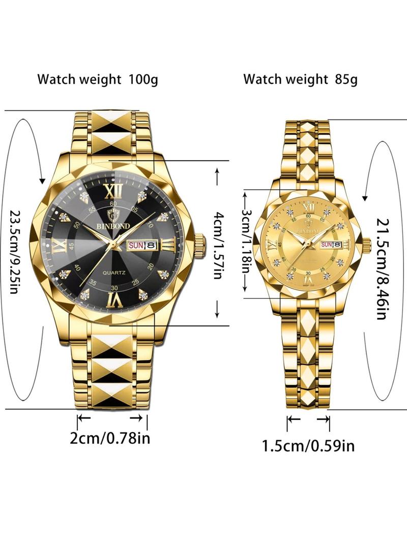 Couple Casual Water Resistant Watch, Fashion Waterproof Round Dial Analog Stainless Steel Quartz Watch Set with Date & Week Display Function, Modern Trendy Accessories As Gift with Box, Luminous Waterproof Watch, Fashionable Waterproof Watch