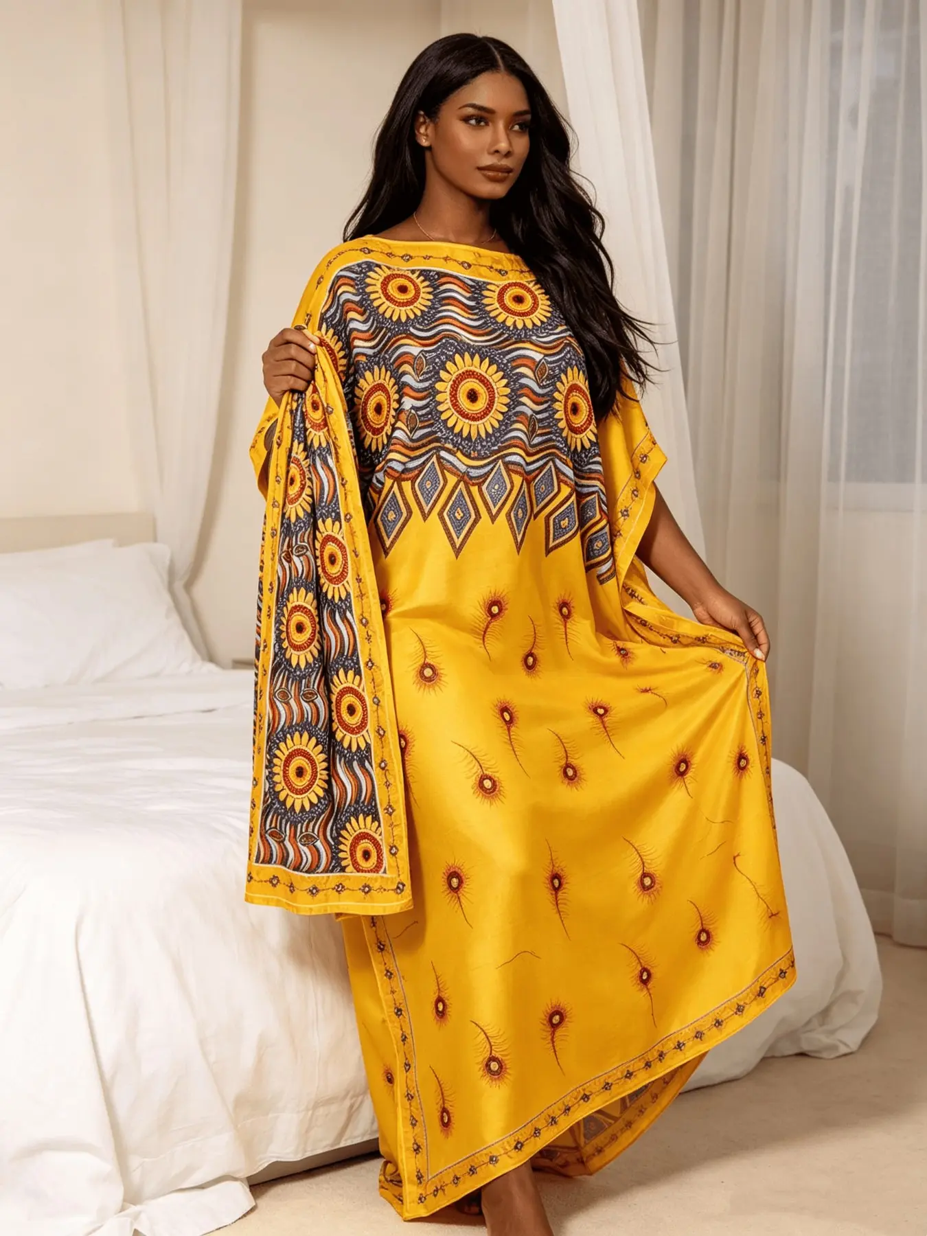 Plus Size Luxury Hot Fix Rhinestone Border Bohemian Ethnic Medallion Print Boho Kaftan Two Piece Set, Oversized Flowy Split Maxi Dress, Soft Light Glam Resort Wear Pool Gala Evening Party Outfit With Matching Printed Scarf For Women Boho Caftan